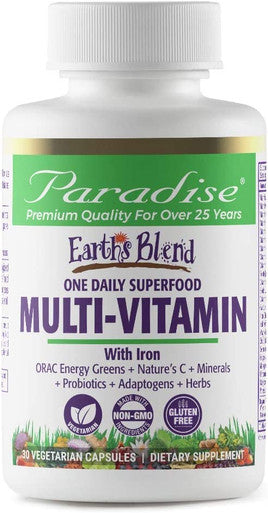 Paradise Herbs Earth's BlendA Organic Superfood Multivitaman with Iron | Antioxidants, Probiotics, Adaptogens, Vitamins A, B, C, D, K2 | Orac Energy Greens + Minerals + Herbs | 30 Vegetarian Capsules