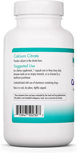 NutriCology Calcium Citrate Bone Teeth Muscle Nerve Support 180 Vegetarian Capsules