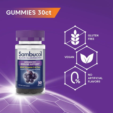 Sambucol Black Elderberry Gummies With Vitamin C & Zinc - Sambucus Elderberry Gummies For Immune Support High Antioxidants Gluten Vegan Elderberry With Zinc & Vitamin C - 30 Count 2 Pack