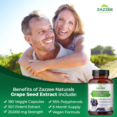 Zazzee High Strength Grape Seed 50:1 Extract, 20,000 Mg Strength, 180 Vegan Capsules, 95% Polyphenols, 6 Month Supply, Concentrat
