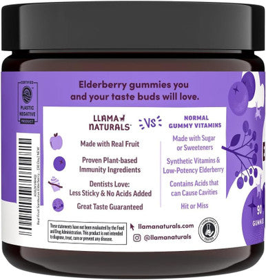 Llama Naturals Real Fruit Sambucus Elderberry Gummies For Adults No Added Sugar Cane, Vegan, Organic Immune Support Zinc & Natural Vitamin C Immunity For Women, Men 90 Gummies (30 Day)