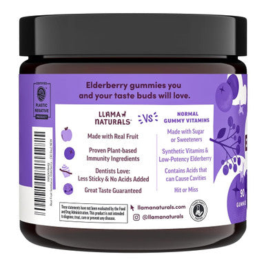 Llama Naturals Elderberry Gummies for Adults Vegan Organic Immune Support Supplement with Vitamin C and Zinc Real Fruit Gummy Vitamins for Immunity Chewable No Added Sugar Cane 90 Ct