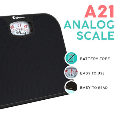 Adamson A21 Analog Scales For Body Weight - Up To 300 Lb - New - Anti-Skid Rubber Surface - Large Numbers - Analog Bathroom Scale - Affordable - Durable With 20-Year Assurance - Full Black