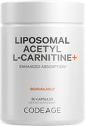 Codeage Liposomal Acetyl-L-Carnitine+ Supplement - 500 mg Acetyl-L-Carnitine per Serving - 3-Month Supply Liposomal Delivery - Alcar Supplement - L-Carnitine - Non-GMO Gluten- 90 Capsules