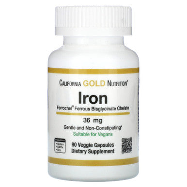 California Gold Nutrition Ferrochel Iron Ferrous Bisglycinate Chelate Form, Gentle On The Stomach 36 Mg 90 Veggie Capsules