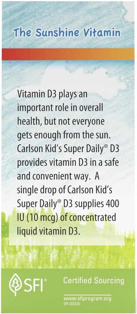 Carlson Kid's Super Daily D3 Vitamin D Drops for Kids 400 IU per drop 1Year Supply Heart and Immune Health Vegetarian Liquid Vitamin D Drops Unflavored 365 drops