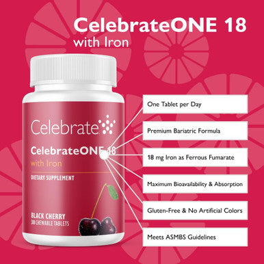 Celebrate Vitamins Celebrateone 18 Chewables, 18Mg Iron - Once Daily Bariatric Multivitamin, Essential Vitamins & Minerals - Gastric Bypass & Sleeve Gastrectomy Supplement - Black Cherry (90 Tablets)