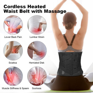Cordless Heating Pad Back Massager Brace For Lower Back Pain Relief, Heated Back Brace Vibration Wrap With Rechargeable Battery, Warmer Lumbar Support Belt With Massage For Cramps (L)