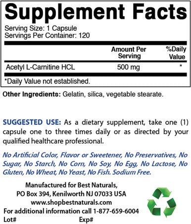 Best Naturals Acetyl L-Carnitine 500 Mg 120 Capsules (120 Count (Pack of 1))