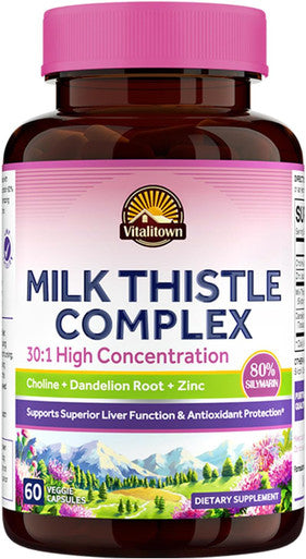 Vitalitown Milk Thistle Complex 30X Extract & Std. 80% Silymarin Choline + Dandelion Root + Zinc Superior Liver & Antioxidant Support Vegan, Non-Gmo, No Dairy 600 Mg 60 Veggie Caps