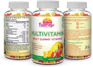 Flamingo Supplements Multivitamin Gummies Vegan Friendly, Kosher Halal No Gluten Or Gelatin, No Gmo For Men, Women & Kids 3 Natural Flavors Vitamins C, B3, B12, Biotin, Zinc & More 100 Gummies