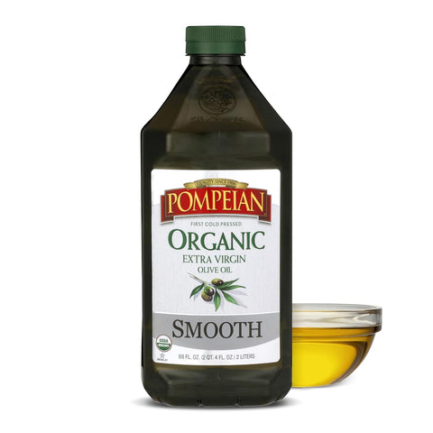 Pompeian Smooth Organic Extra Virgin Olive Oil - 16 fl oz | First Cold Pressed Olive Oil for Cooking - Smooth Taste for Sauteing, Stir-Frying, and Baking