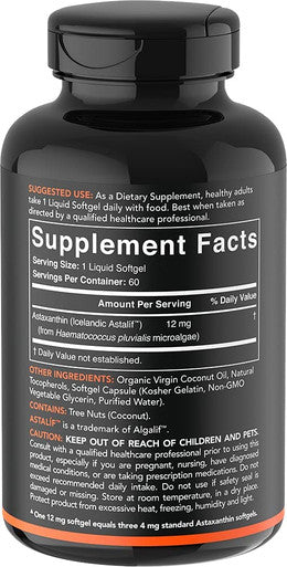 Triple Strength Astaxanthin 12mg with Organic Coconut Oil NonGMO Soy Gluten 60 Mini Softgels 2 Month Supply