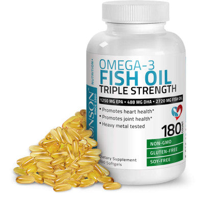 Bronson Omega 3 Fish Oil Triple Strength 2720 mg, High EPA 1250 mg 488 mg, Non-GMO Heavy Metal Tested, 180 Softgels
