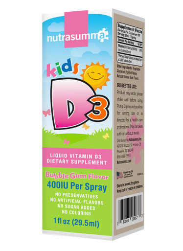 Nutrasumma Kids Vitamin D3 400 Iu Spray Bubble Gum Flavor-1Oz- Naturally High Absorption Rate Supports Bone Boosts Immune System Vitamin Supplement
