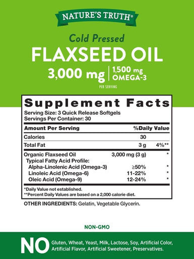 Nature's Truth Flaxseed Oil Capsules | 90 Softgels | Cold Pressed, Non-GMO, Gluten