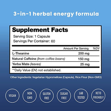 Caffeine Pills with L-Theanine for Focused Energy | Smooth & Clean Energy Supplement for Focus & Performance | No Crash No Jitters | Nootropic Brain Booster with Yerba Mate | 60 Vegan Energy Pills