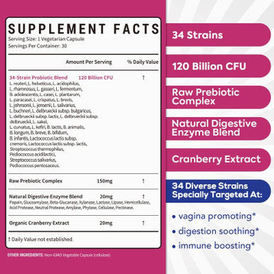 Surebounty 4-in-1 Feminine Probiotic 120 Billion CFU + 34 Strains Highest Potency for Women Prebiotics + Digestive Enzymes + Cranberry Digestive Vaginal Mood Immune & Overall Support 30 caps