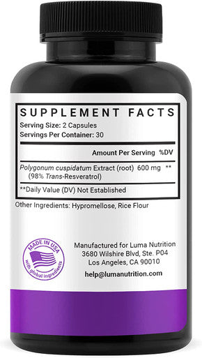 High Purity Resveratrol Capsules - 98% Trans-Resveratrol - Reservatrol Supplement - 60 Capsules