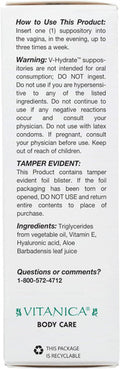 Vitanica V-Hydrate Hyaluronic Acid Vaginal Suppositories for Comfort and Vaginal Hydration with Aloe Vera and Vitamin E Hormone- & Drug- Vegan 2 Month Supply 24 Count