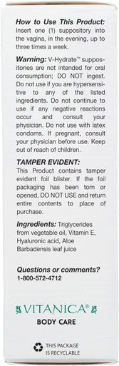 Vitanica V-Hydrate Hyaluronic Acid Vaginal Suppositories for Comfort and Vaginal Hydration with Aloe Vera and Vitamin E Hormone- & Drug- Vegan 2 Month Supply 24 Count