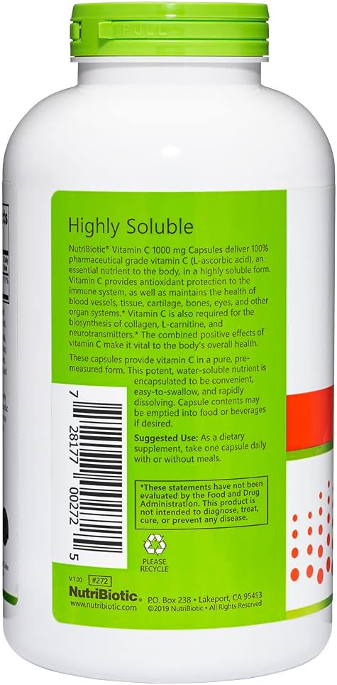 Nutribiotic - Vitamin C 1000 Mg Capsules 500 Count Essential Immune Antioxidant & Collagen Support Supplement Pharmaceutical Grade L-Ascorbic Acid 1000 Mg Per Serving Gluten & Gmo