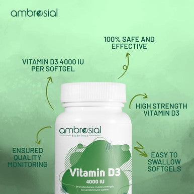 Ambrosial Ambrosial Vitamin D3 4000 IU (100 mcg) |Vitamin D Tablets for Healthy Bones and Teeth | Vitamin D 4000iu Supports Immunity and Muscle Function | Gluten (Pack of 1-120 Softgels)