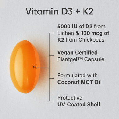 Sports Research Vitamin D3 K2 With Coconut Oil Plant Based Vitamin K2 Mk7 + Vegan D3 5000Iu For Bone & Immune Health Vegan Certified, Soy & Gluten - 30 Count Softgels