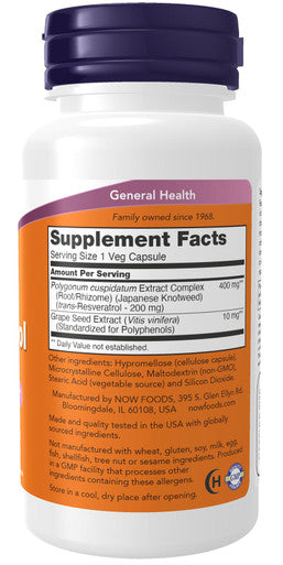 NOW Foods Supplements Natural Resveratrol 200 mg with Red Wine Extract 60 Veg Capsules
