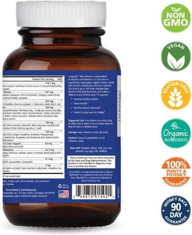 PURE ESSENCE LABS Longevity Multivitamin for Men Over 40 - Super Energetic with Superfoods, Minerals, Enzymes, Vitamin D3, B12, Biotin - 120 Tablets