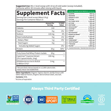 Garden of Life Sport Whey Plus Weight Management With Amino Energy - 20G Of Grass Fed Protein Isolate For Women And Men - Vanilla Powder - With Capsimax 2 Billion Cfu Probiotics About 15 Servings
