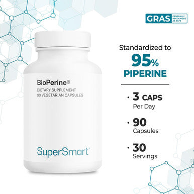 Supersmart Bioperine 30 mg Per Day Natural Black Pepper Extract 95 Piperine Help Increase Digestive Enzymes Gut Flora NonGMO Gluten Free 90 Vegetarian Capsules