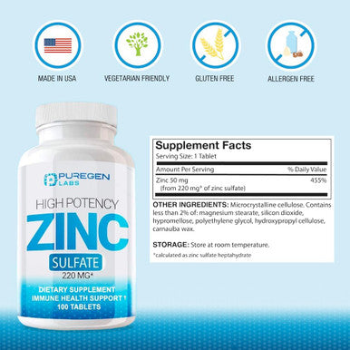 P Puregen Labs Zinc 220Mg [High Potency] Supplement Zinc Sulfate For Immune Support System 100 Tablets