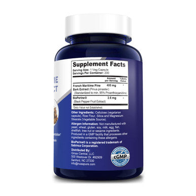 NusaPure French Maritime Pine Bark Extract 400mg per Veggie Caps 200-Day Supply with Bioperine (Non-GMO & )