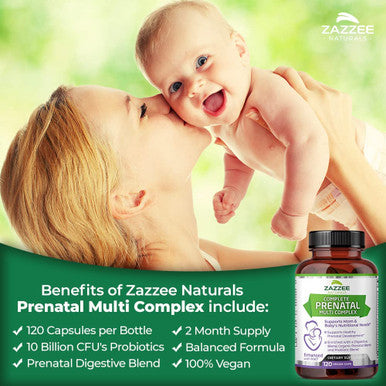 Zazzee Extra Strength Prenatal Multi Complex, 120 Vegan Capsules, Enhanced with MK7, 10 Billion CFU 13-Strain Probiotic Blend, Prenatal Enzyme Digestive Blend and Organic Prenatal Herbal Blend