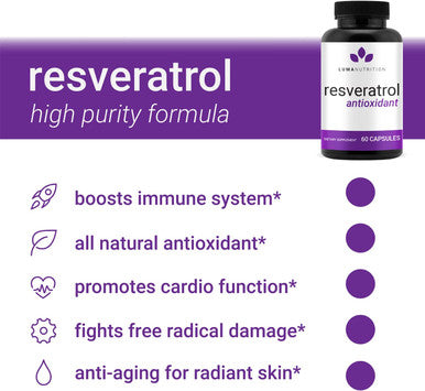 High Purity Resveratrol Capsules - 98% Trans-Resveratrol - Reservatrol Supplement - 60 Capsules