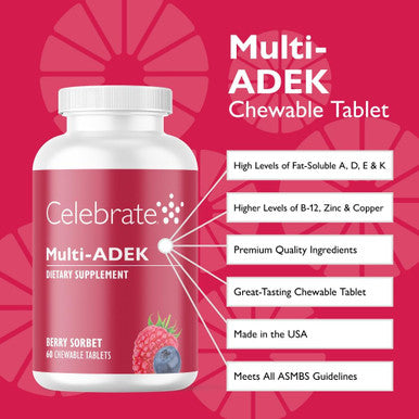 Celebrate Vitamins Multi Adek Chewables, Iron - Daily Bariatric Multivitamin, High Level Of Vitamins A, D, E, K & B12 For Duodenal Switch Surgery Patients - Berry Sorbert (60 Tablets)