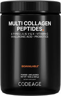 Codeage Multi Collagen Peptides Powder + Probiotics Black Edition Vitamin C Hyaluronic Acid Powder Supplement Grass-Fed Hydrolyzed Zero Carbs Type I II III V & X Unflavored 10.58oz