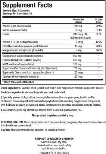 Biotics Research ChondroSamine S Comprehensive Joint and Connective Tissue Support 600 Elemental Glucosamine MSM Vitamin C Manganese Niacin Pantothenic Acid Folate B12 SOD Catalase 90 Caps