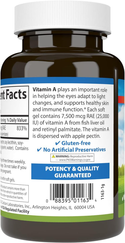 Carlson Vitamin A 25000 IU (7500 mcg RAE) with Pectin Vision Health Helps Night Vision Skin Health 300 Softgels