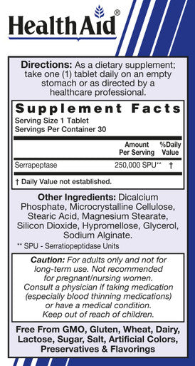 Serrapeptase - 250,000 Spu - 30 Tablets - Once Daily - Vegan