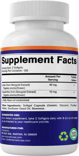 Vitamatic Lutein 40mg with Zeaxanthin 10mg, Eye Health Support Supplement, 240 Softgels