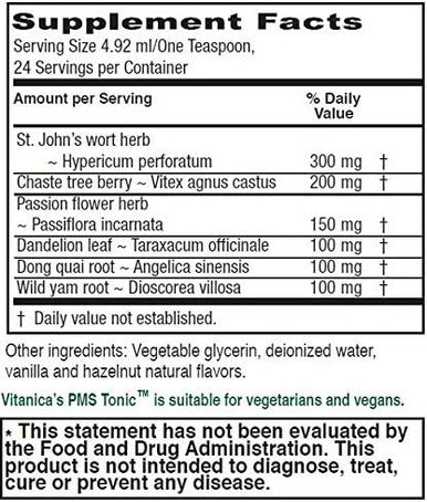 Vitanica PMS Tonic Premenstrual Support and Relief Saint Johns Wort Dong Quai Chaste Tree Berry Wild Yam and More Vegan 4 Ounce