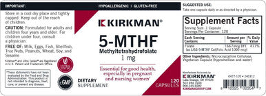 Kirkman 5-MTHF - Hypoallergenic - 120 Vegetarian Capsules - folic Acid Essential for Good Health