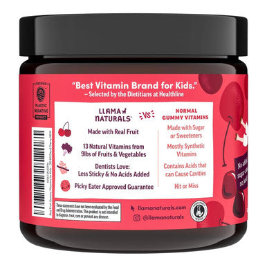 Llama Naturals Kids Multivitamin Gummies Vegan Organic with Vitamin D C & K Toddler Real Fruit Gummy Vitamins Chewable Supplement Whole Food Multivitamin No Added Sugar Cane Cherry 90 Ct