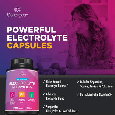 Sunergetic Premium Electrolyte Capsules Support for Keto Low Carb Rehydration and Recovery Electrolyte Replacement Tablets Includes Electrolyte Salts Magnesium Sodium Potassium 100 Capsules