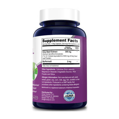 NusaPure Holy Basil 3,000 mg with Bioperine - 200Vcaps. Non-GMO, Vegan, Gluten-Free