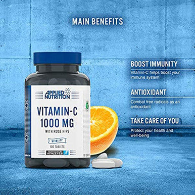 Applied Nutrition Vitamin C 1000mg 100 tablets (3 Months Supply) L Ascorbic Acid With Rose Hips Immune System Support Suitable For Vegans and Vegetarians
