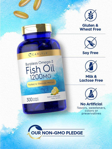 Carlyle Burpless Fish Oil 1200 Mg | 300 Softgels | With 360 Mg Omega-3 Fatty Acids | Natural Lemon Flavor | Non-Gmo, Gluten Free