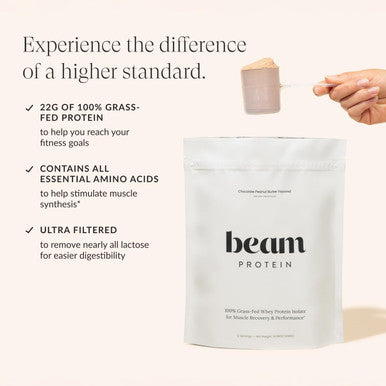 Beam Grass Fed Whey Protein Powder Chocolate Peanut Butter 12 Servings 22g Protein Per Serving Clean Whey Isolate & Concentrate Low Carb Paleo Friendly GMO Free Gluten Free 3rd Party Tested